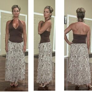 Joie cream brown zebra animal print pleated A-line midi maxi skirt fully lined